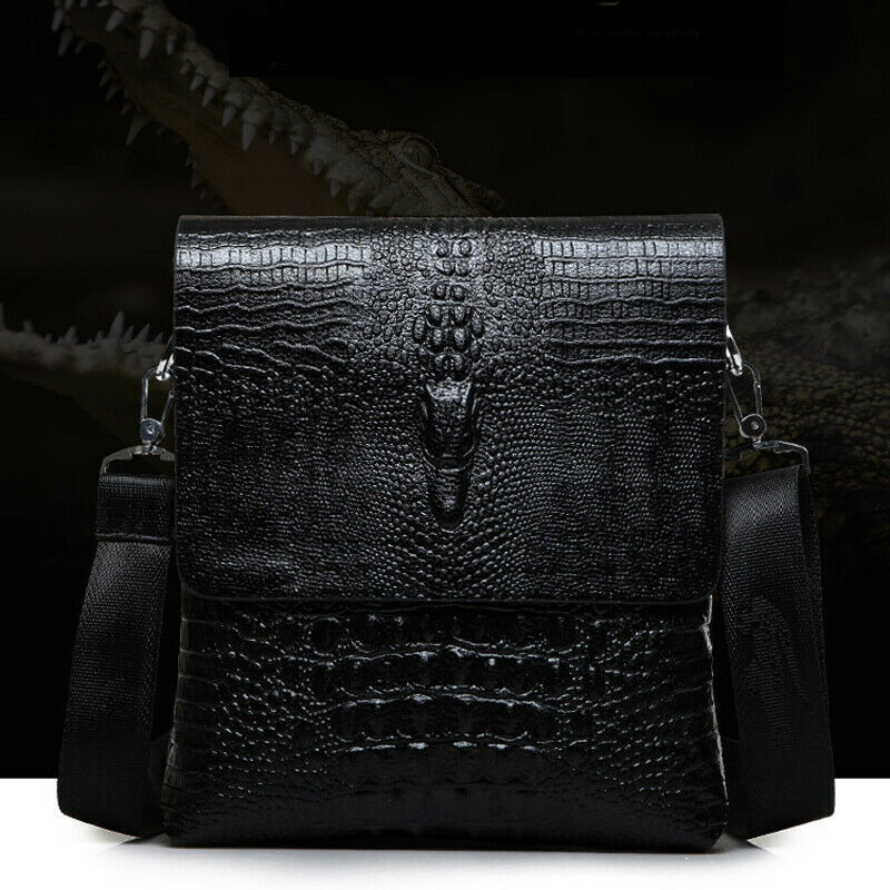 Men Leather Black Crocodile Sling Shoulder Bag Crossbody Bag 10″ Messenger Bag B