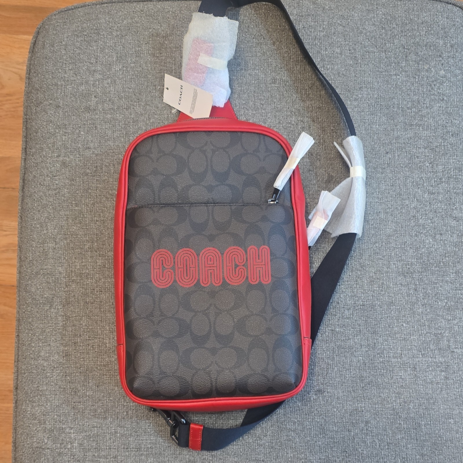 Coach Crossbody Bag Mahogany Bright Cardinal Logo Print Zip Adjustable Strap Men