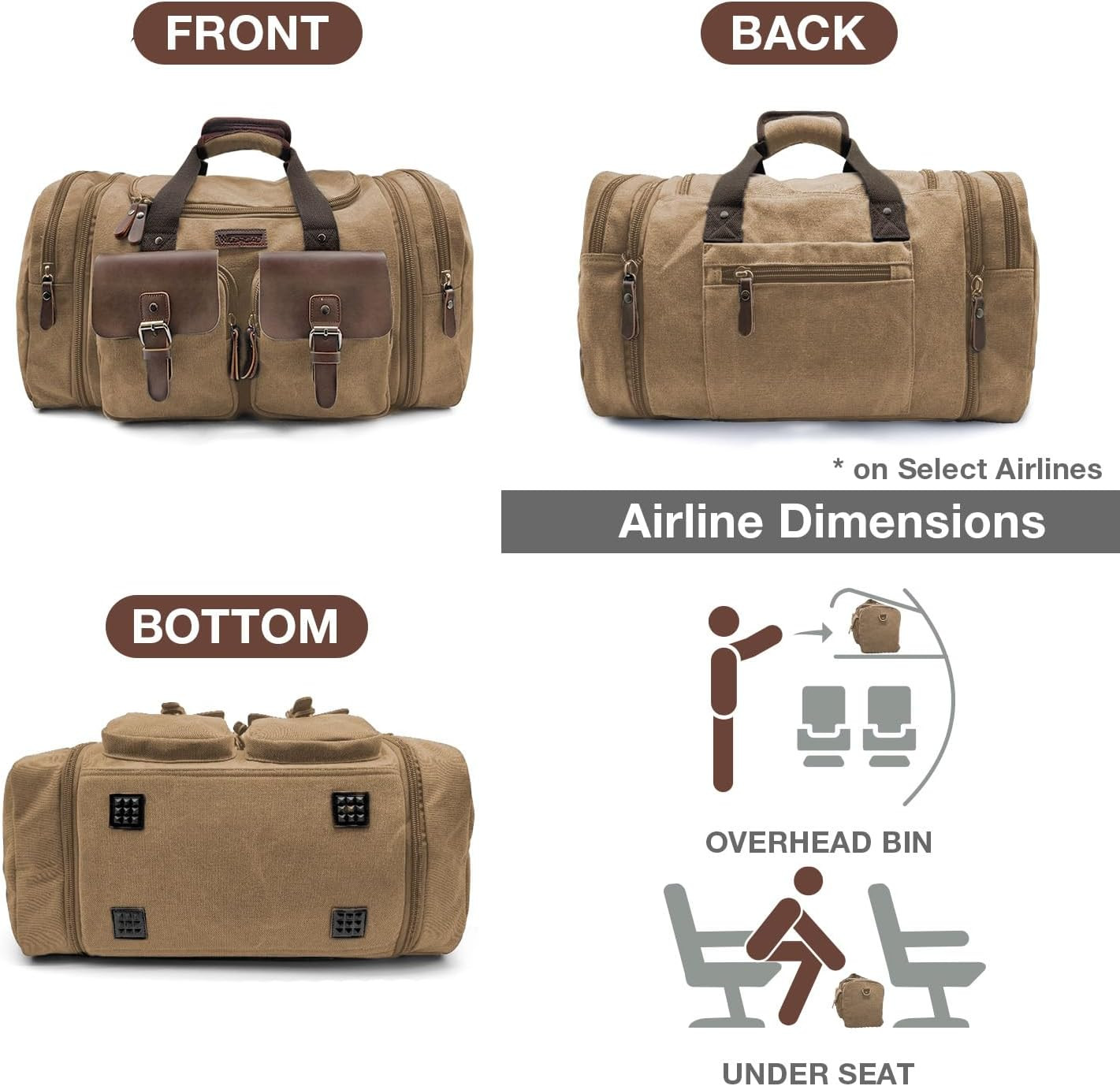 50L Expandable Travel Duffel Bag Canvas Leather Weekender Carry On Bag