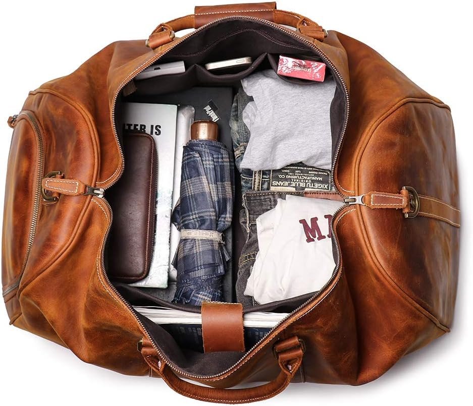 24″ Leather Weekender Bag with Shoe Compartment,Classic Mens Leather Travel Duff