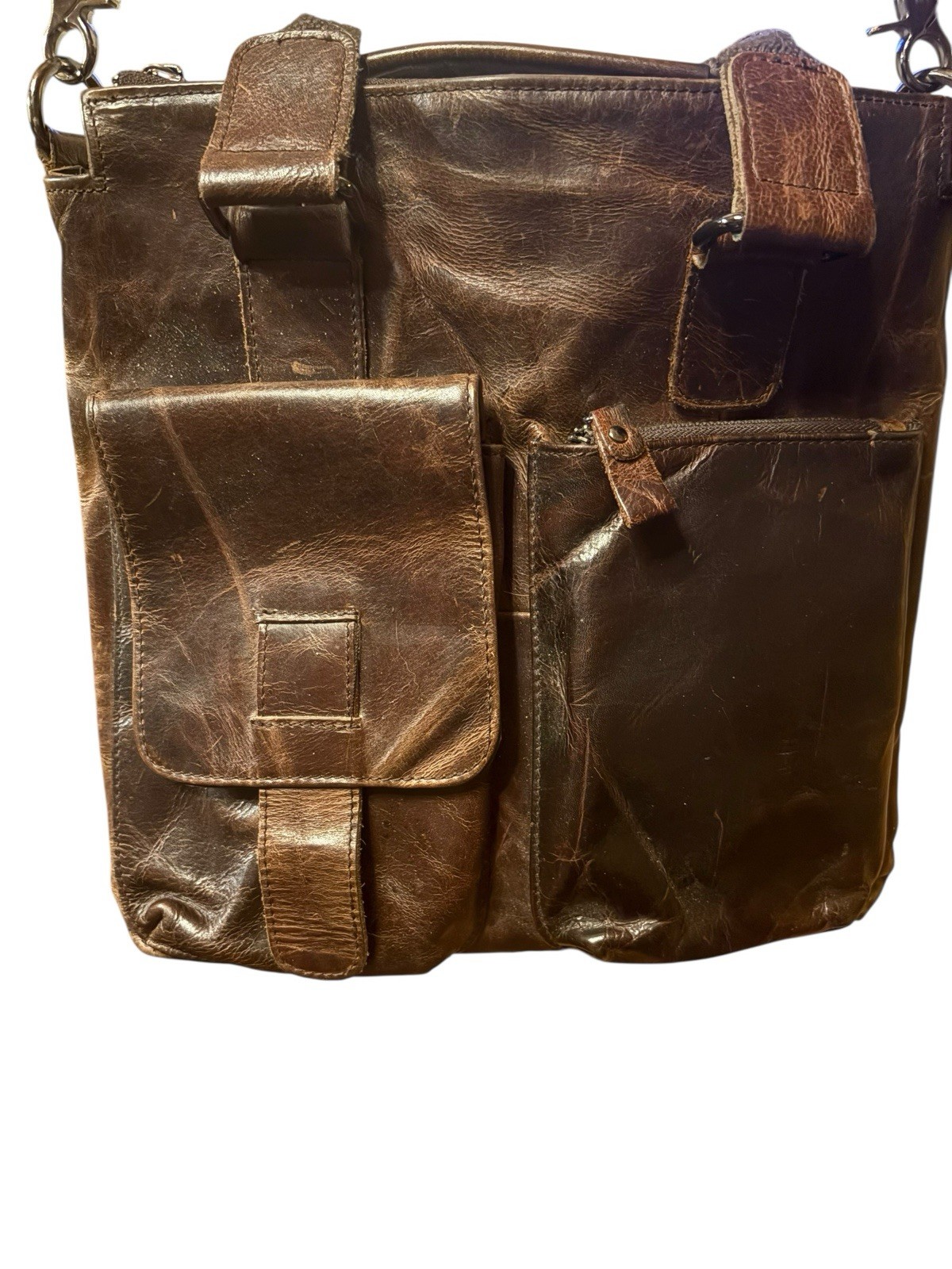Vtg Genuine Leather Brown Satchel Briefcase Messenger Bag Distressed 13” X 12.5”