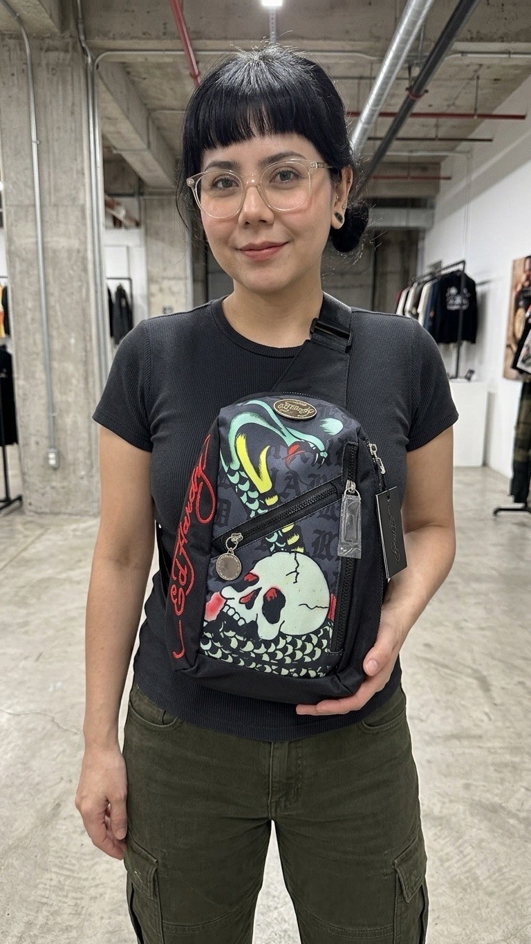 Ed Hardy Skull Graphic Crossbody Sling Bag Black/Multicolor Adjustable Pockets