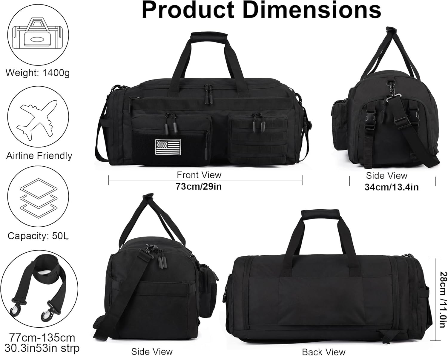 50L Tactical 3-in-1 Gym Duffle Backpack w/ Shoe Laptop MOLLE Black