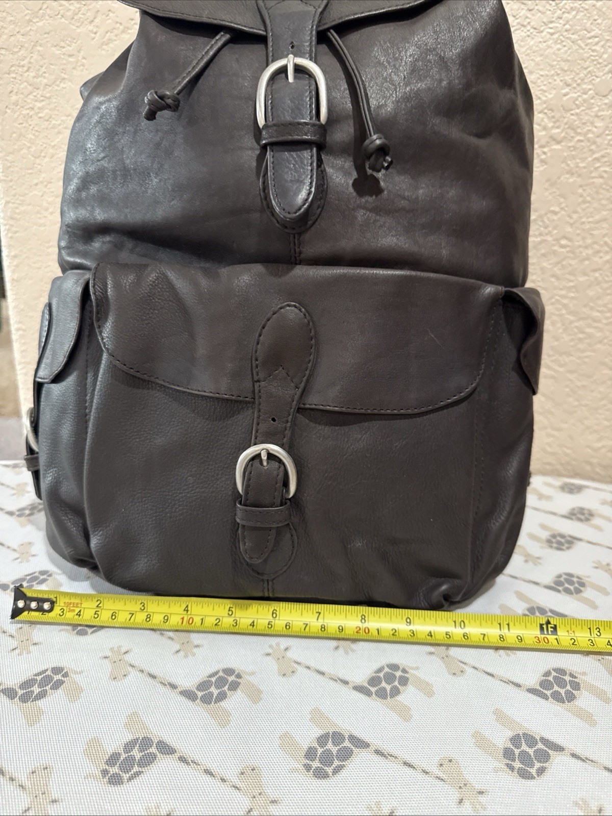 London Fog Leather Backpack Brown Drawstring Flap Buckle Pockets Travel Bag EUC
