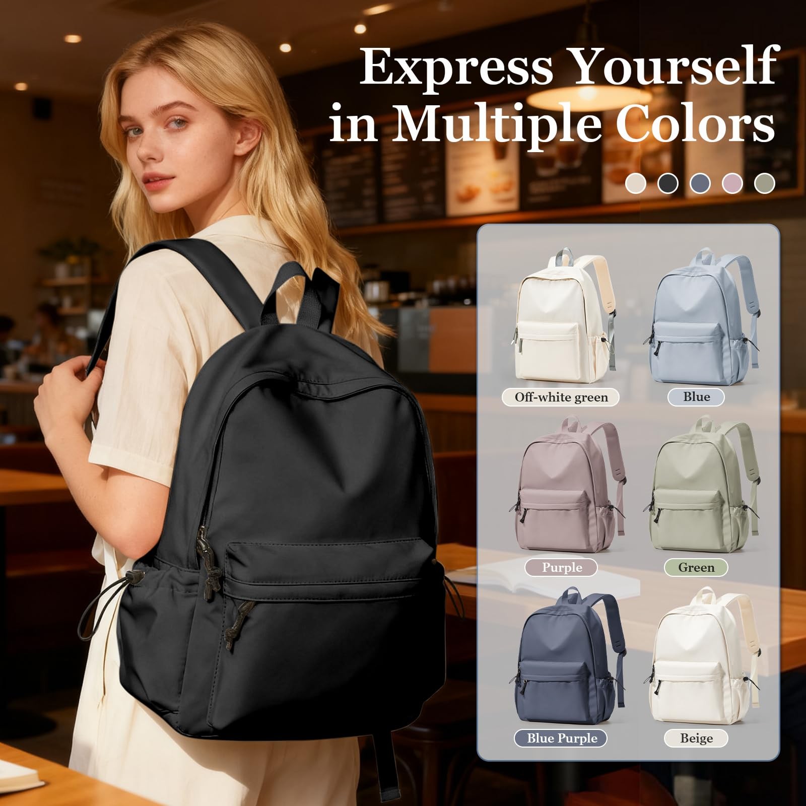 Black Waterproof Middle School Backpack College Bookbag Men Women Teens Girls