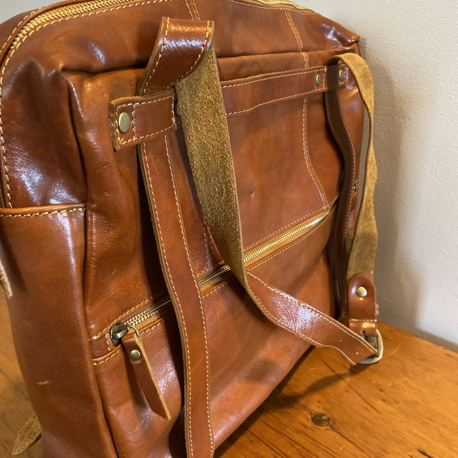 T NOBILE Cognac Leather Straps Laptop Large Messenger Bag Purse ITALY EUC