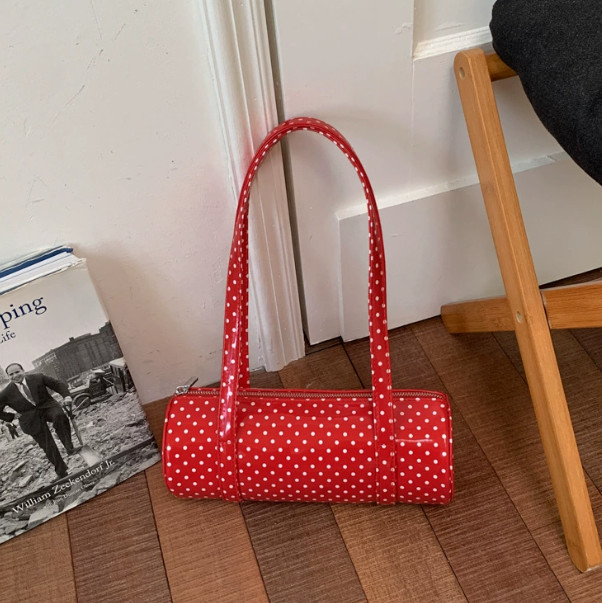 Womens Candy Color Polka Dot Barrel Bag PU Leather Shoulder Purse