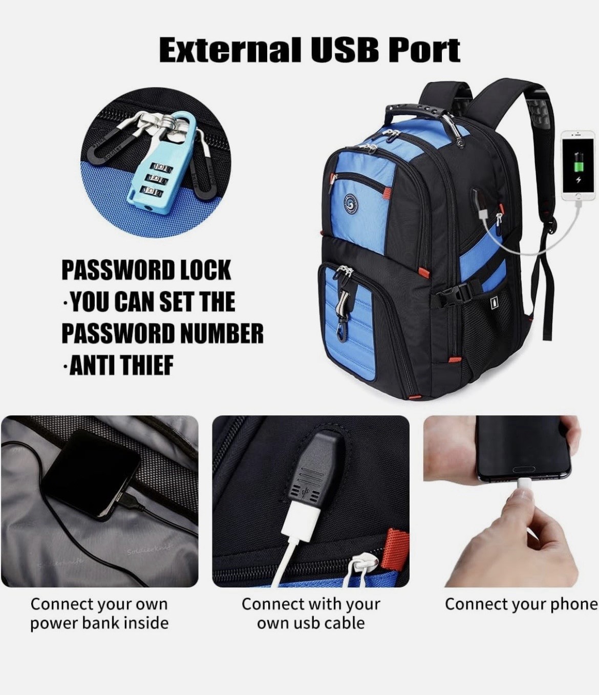 Soldier Knife Laptop Backpack Blue Black Travel School Bag Multi Pocket 18 inch