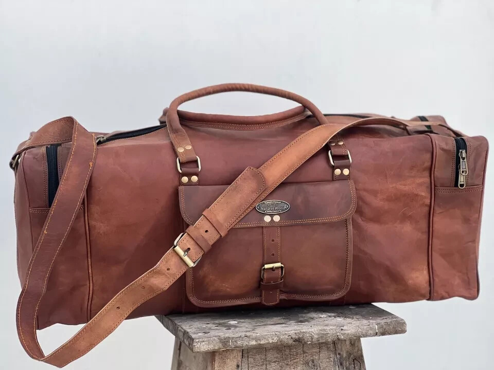 NEW 36″ Men Genuine Goat Leather Brown Duffel Travel Gym Weekend Overnight Bag