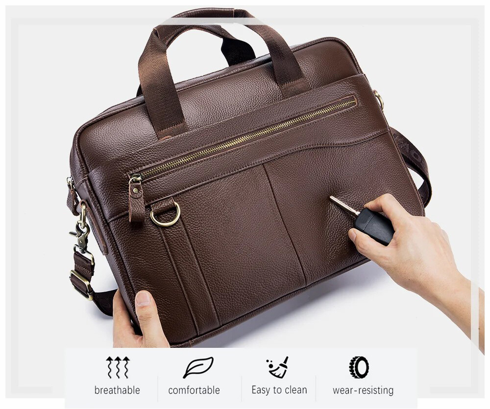 Men’s genuine leather 14 inch notebook bag, men’s office and business handbag