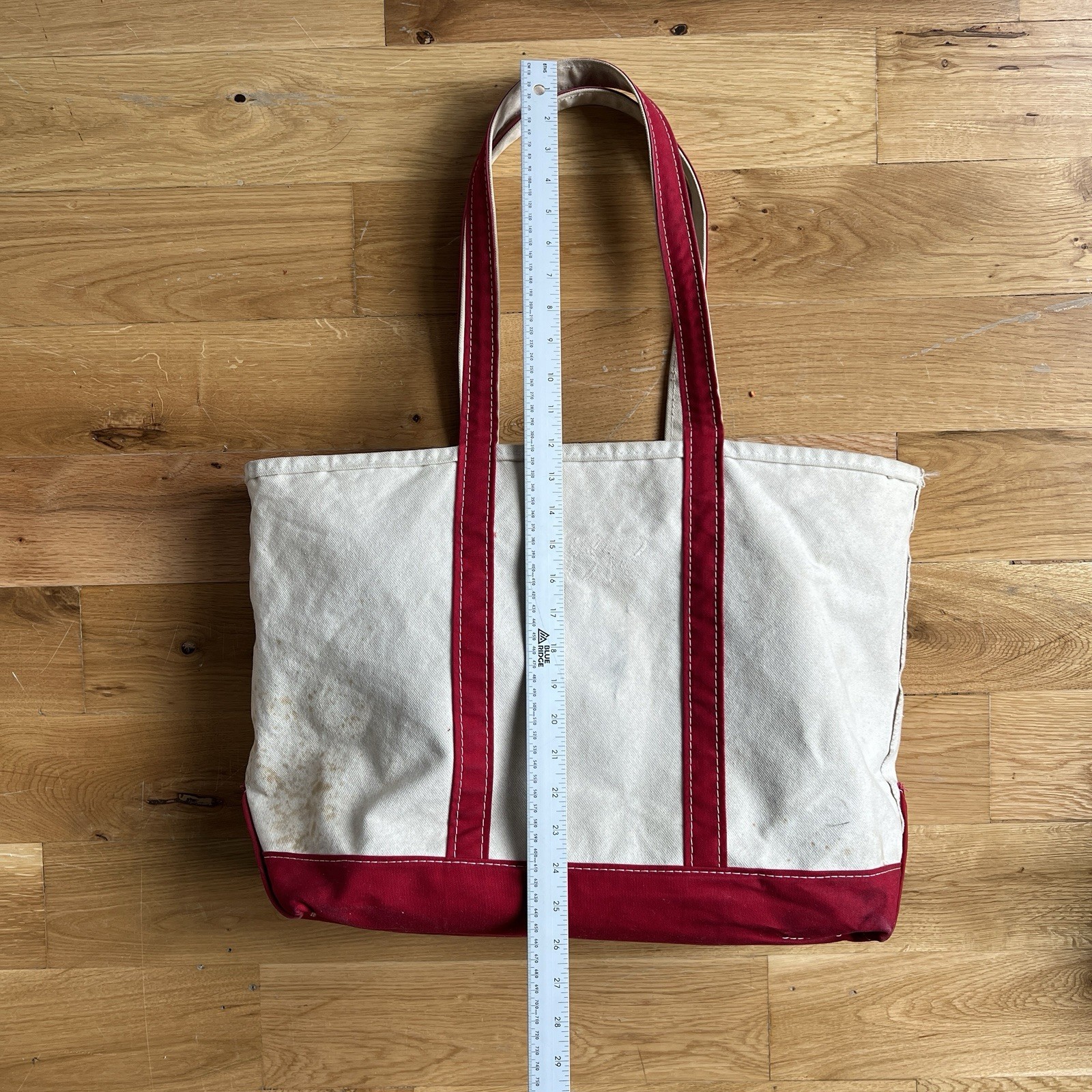 Vintage 90’s 00’s LL Bean Boat and Tote Bag Large Ivory Red Canvas USA Stained