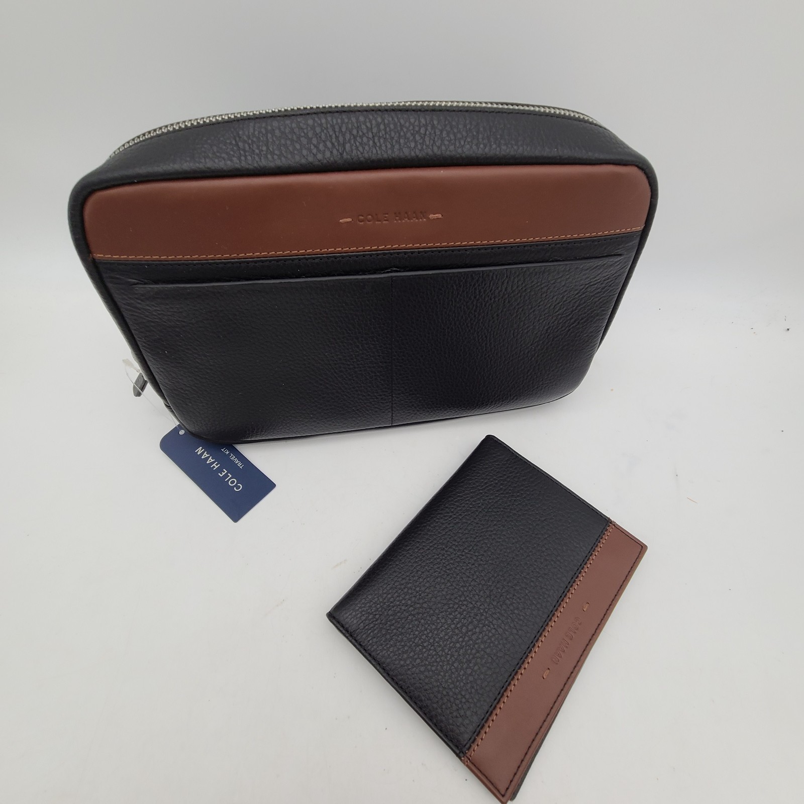 NEW Cole Haan Men’s Two Tone Top Zip Leather Toiletry Bag & Passport RFID Wallet