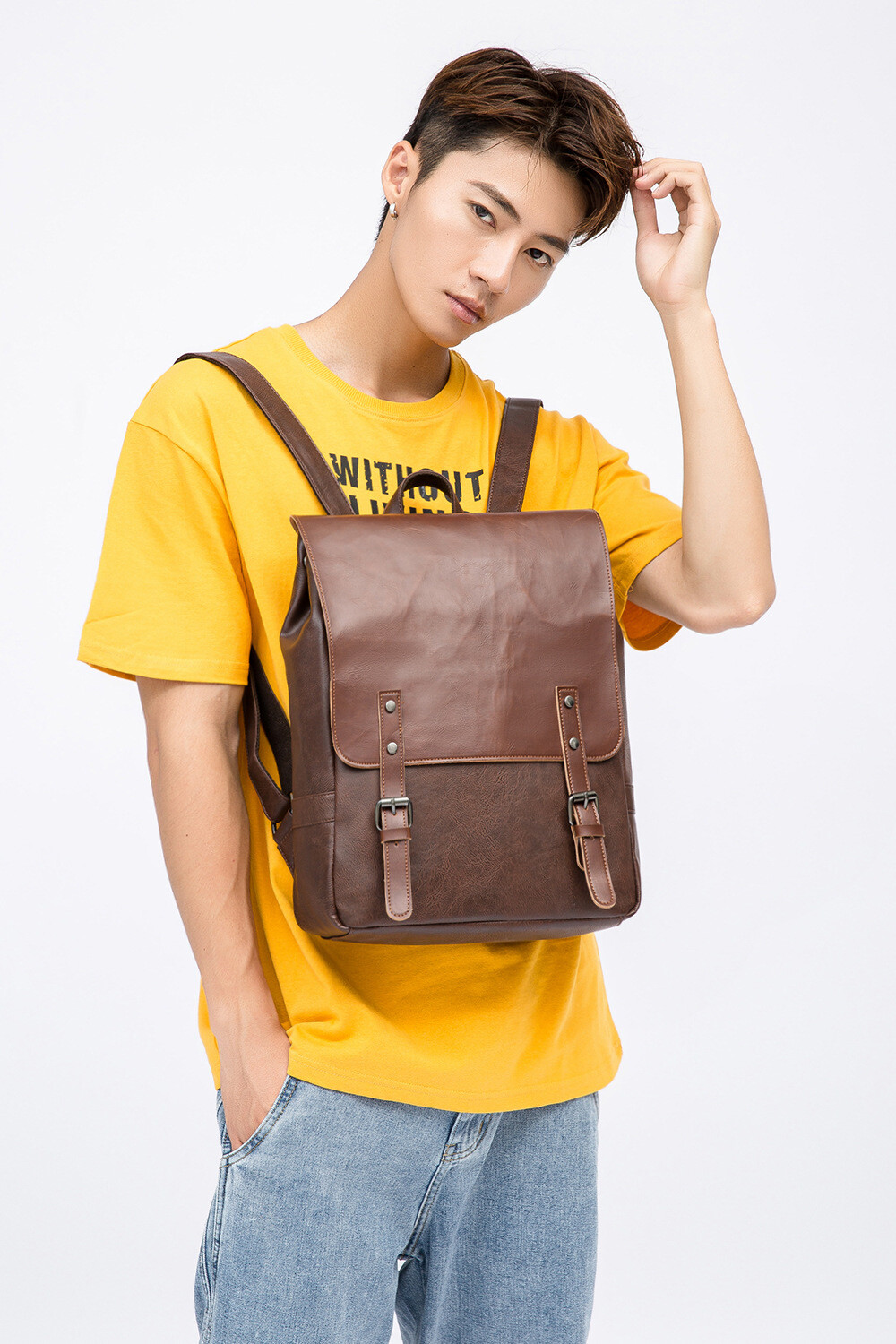 Men Large Capacity Leisure Travel Backpack Student Backpack Leather Backpack