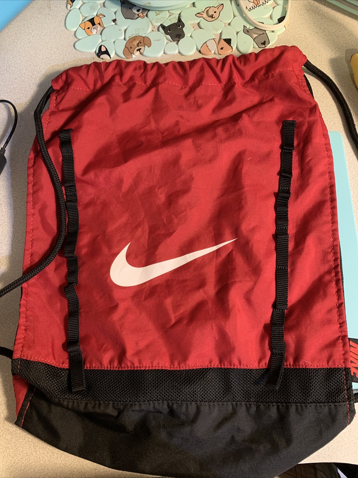 Nike drawstring bag Sack rn#56323 CA#05553 100%polyester 2 Sections! Red Black
