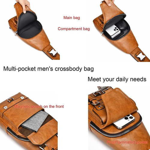 PU Leather Sling Bag for Men – Waterproof, Lightweight, B-light Brown