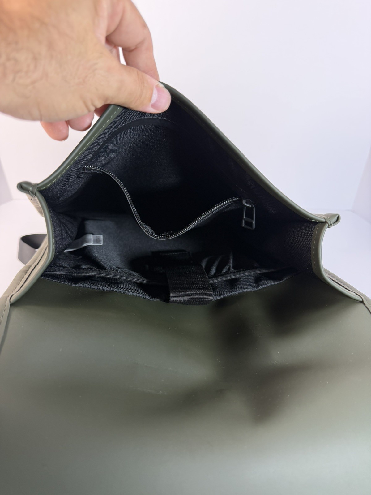 RAINS Waterproof Backpack Olive Green Rubberized Laptop Bag Minimalist Unisex