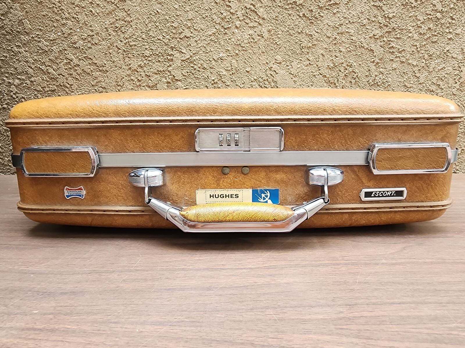 American Tourist Escort Briefcase with Vintage Hughes Aircraft stickers