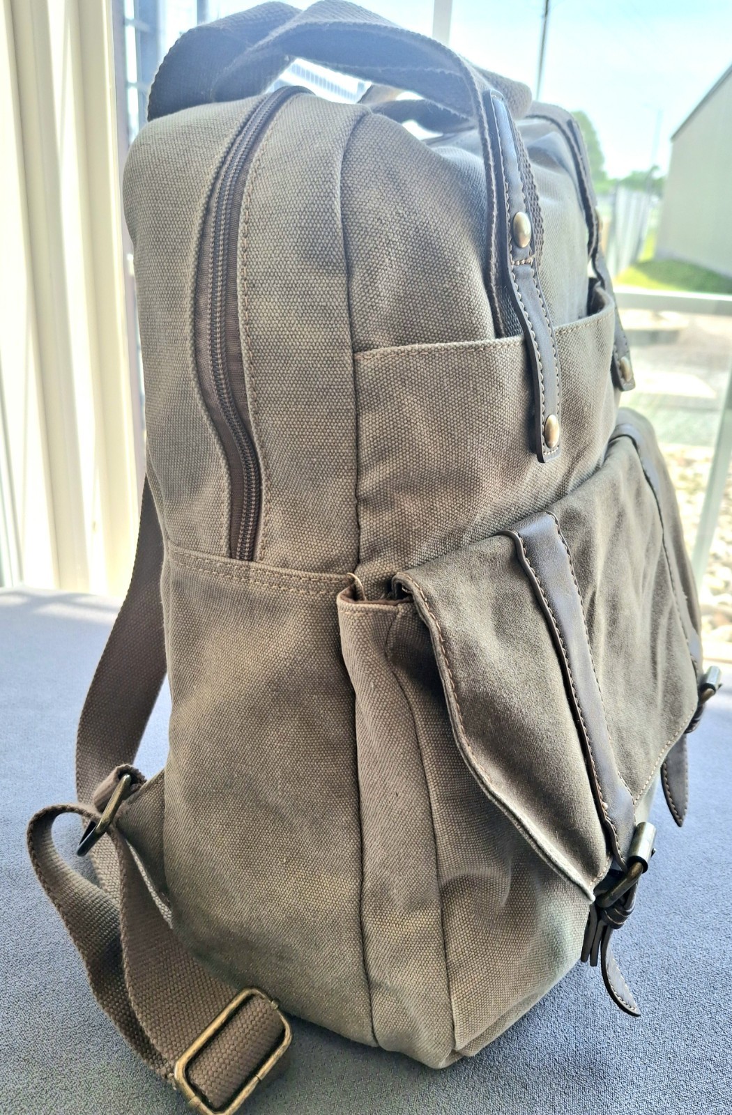 Cargoit Vtg Green Canvas Laptop Backpack Rucksack Leather Trim Magnetic Close