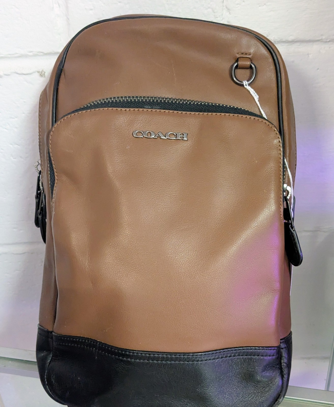 COACH SMALL C2931 Black & Tan Color Block Graham Moto Leather Backpack
