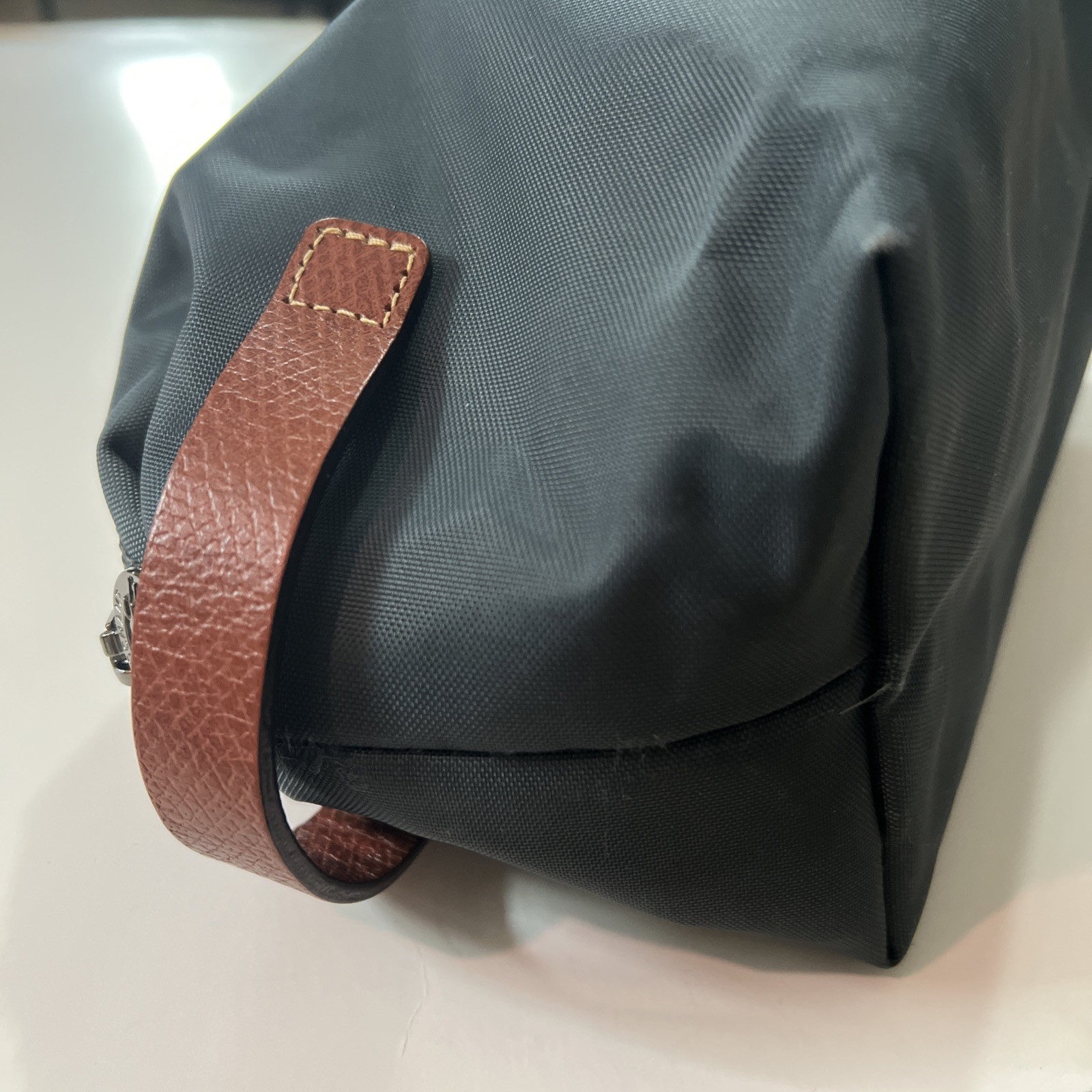 Longchamp Cosmetic Bag Nylon Grayish- Blue & Brown Leather Toiletry Travel Pouch
