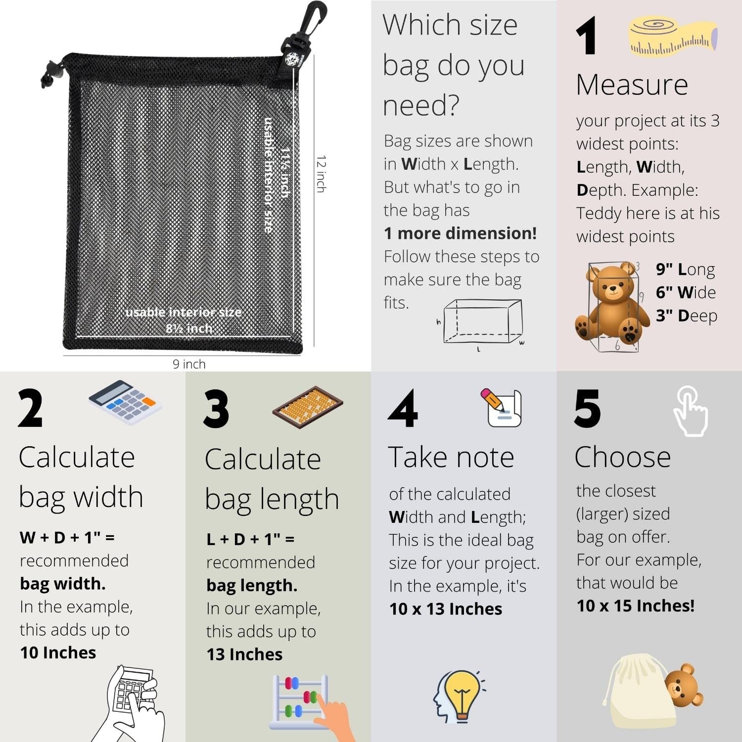 Mesh Bag with Clip and Toggle Closure (Set of 4, Black, 9 x 12 Inch) for Scub…