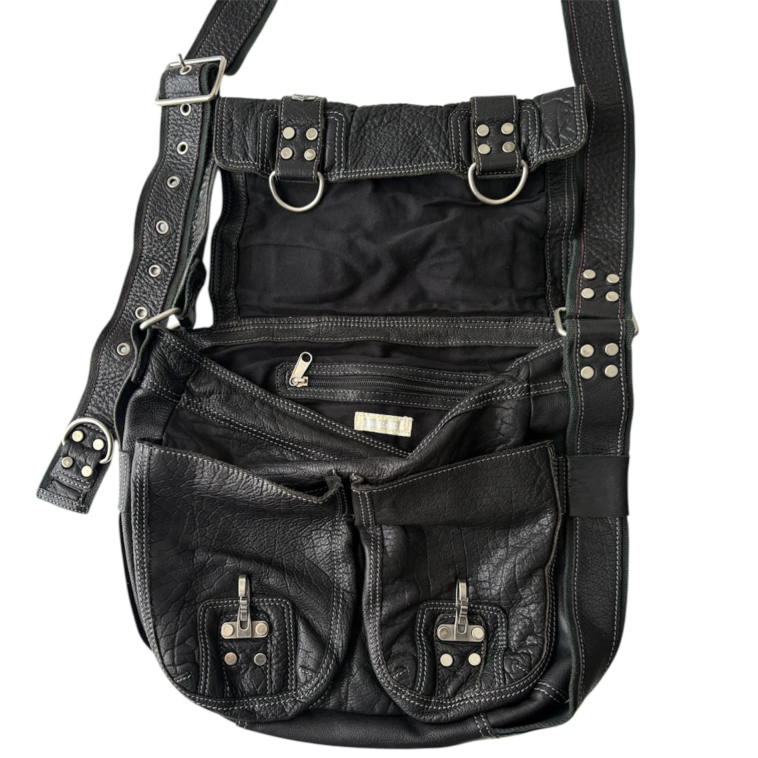 DIESEL Vintage Leather Messenger Bag Black Harness Avant Garde Industrial Biker