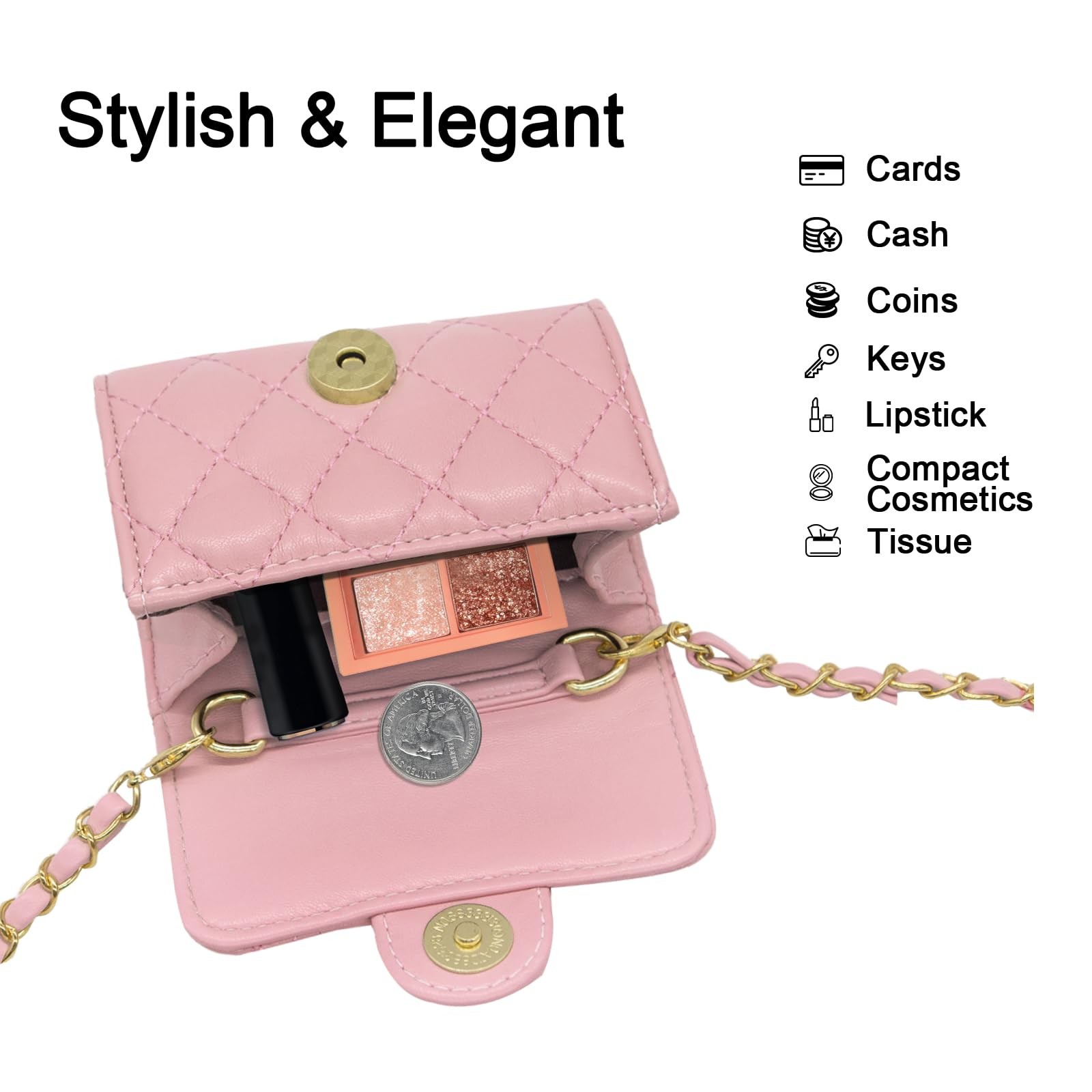 YAMEIZE Mini PU Leather Chain Belt Bag 11cm x 8.5cm x 4cm, Pink 4.7×2.7 Inch