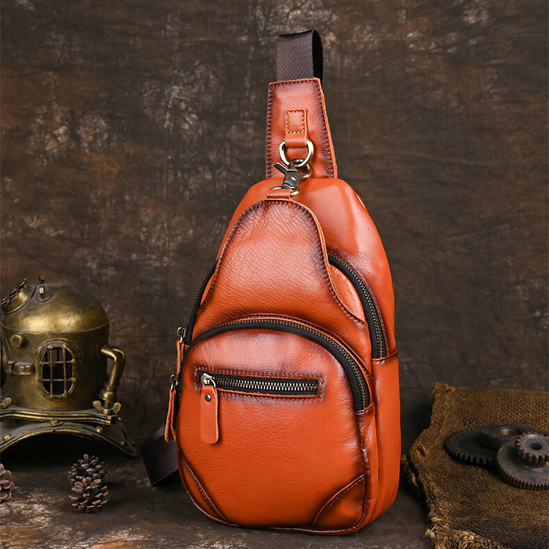 Top Cow Leather Sling Backpack, Men‘s Crossbody Chest Bag Causal Daypack