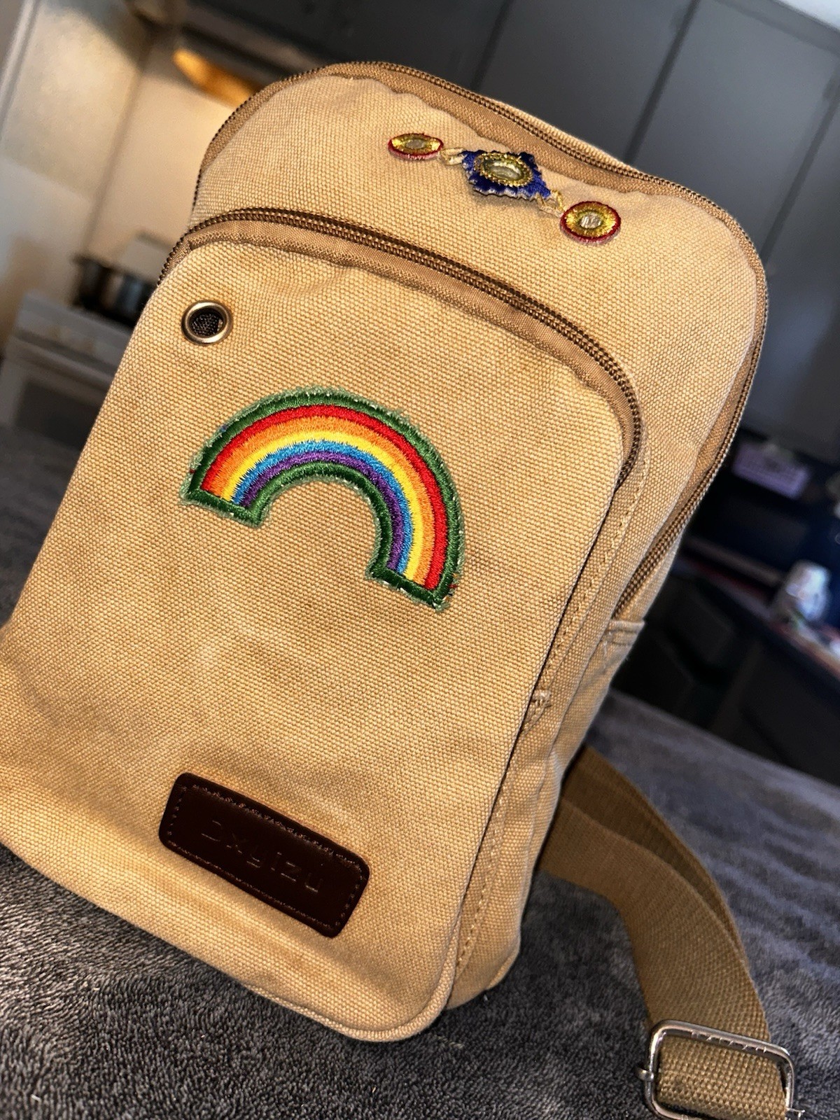 Beige Small Crossbody Bag Rainbow Patch Zip Closure Adjustable Strap Pockets