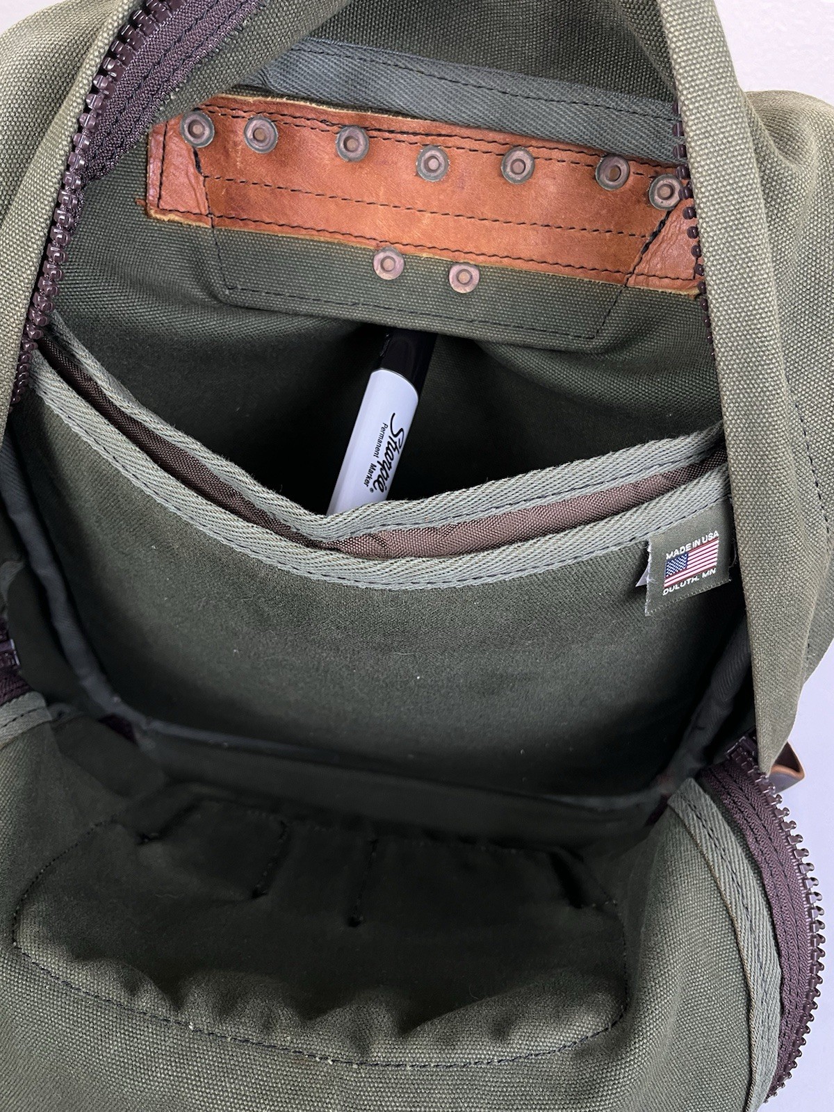 Duluth Pack Green Canvas & Brown Leather Backpack Made In USA YKK Zip Rare