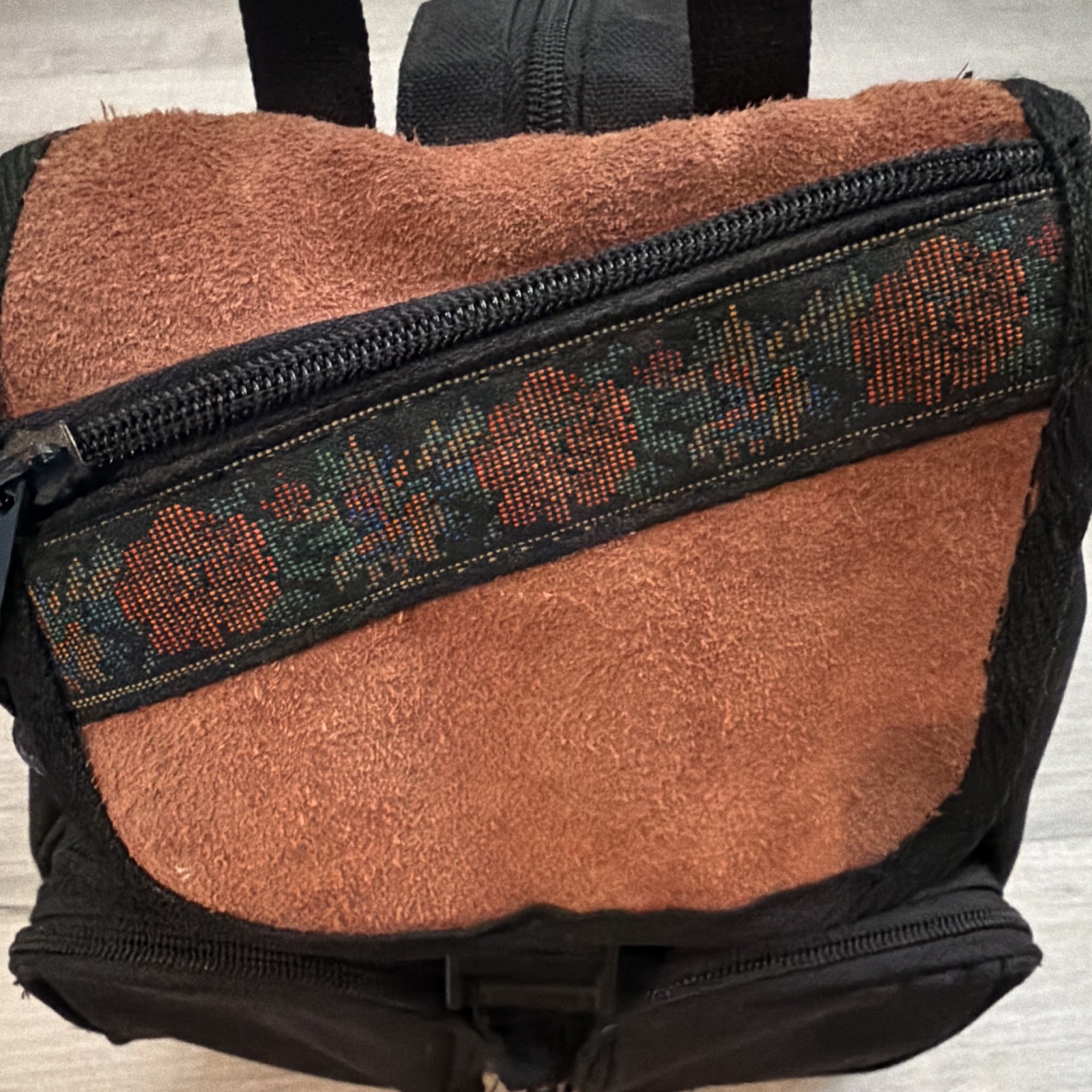 Vintage 1990s Drawstring Mini Backpack w/ Flap, Zip Pockets, Adjustable Straps