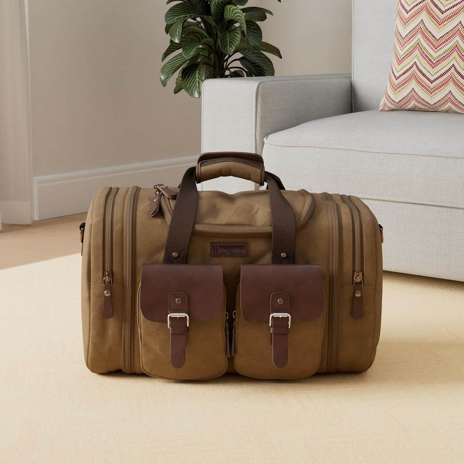 50L Expandable Travel Duffel Bag Canvas Leather Weekender Carry On Bag