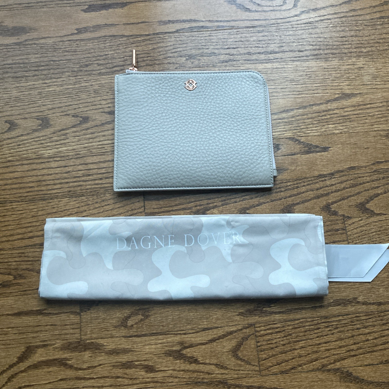 Dagne Dove Beige Pebbled Leather Top Zip Pouch Bag 8 in X 6 in & Dust Bag