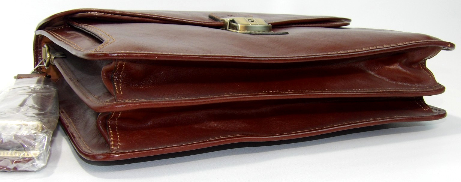 Hexagona Brown Genuine Leather w/ Flap 3 Compartments Shoulder Laptop Bag New!