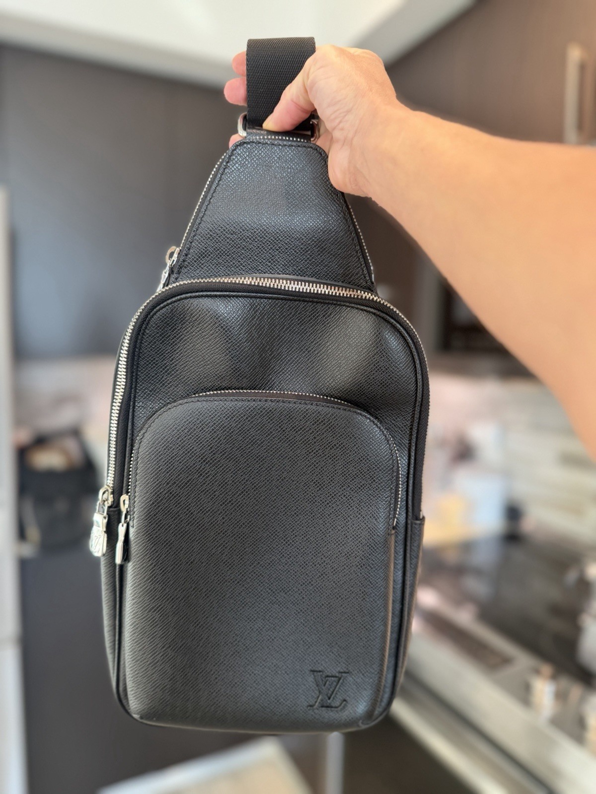 Louis Vuitton Black Crossbody Sling Bag Zip Closure Adjustable Strap Men