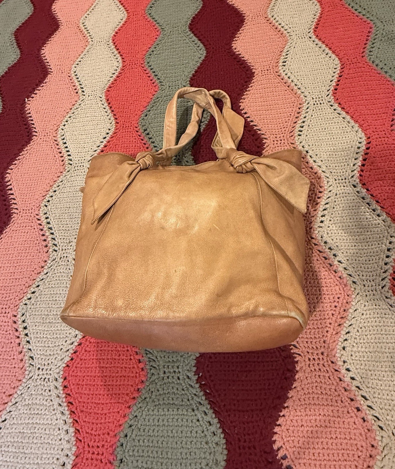 Frye Nora Knotted Tote Genuine Leather Shoulder Bag Two Tone Cognac Tan