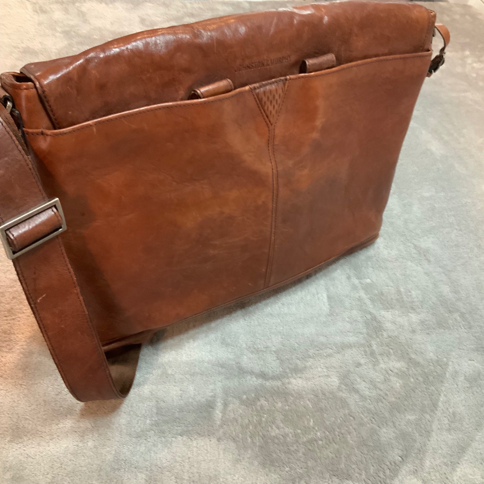 Johnston & Murphy Mens Brown Leather Messenger Bag Laptop Satchel Briefcase