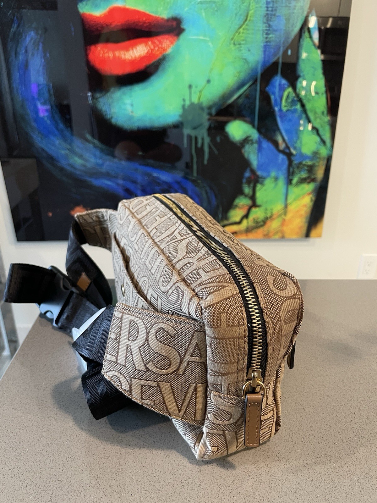 Versace Belt Bag Canvas Fabric Allover Beige/brown $1200 Retail Authentic