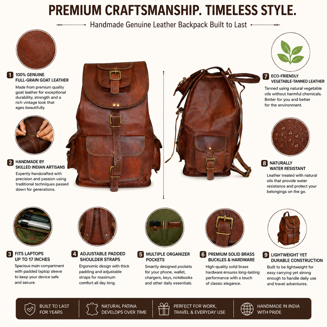 Handmade Backpack Top-Quality Genuine Vintage Leather Rucksack Travel Laptop Bag