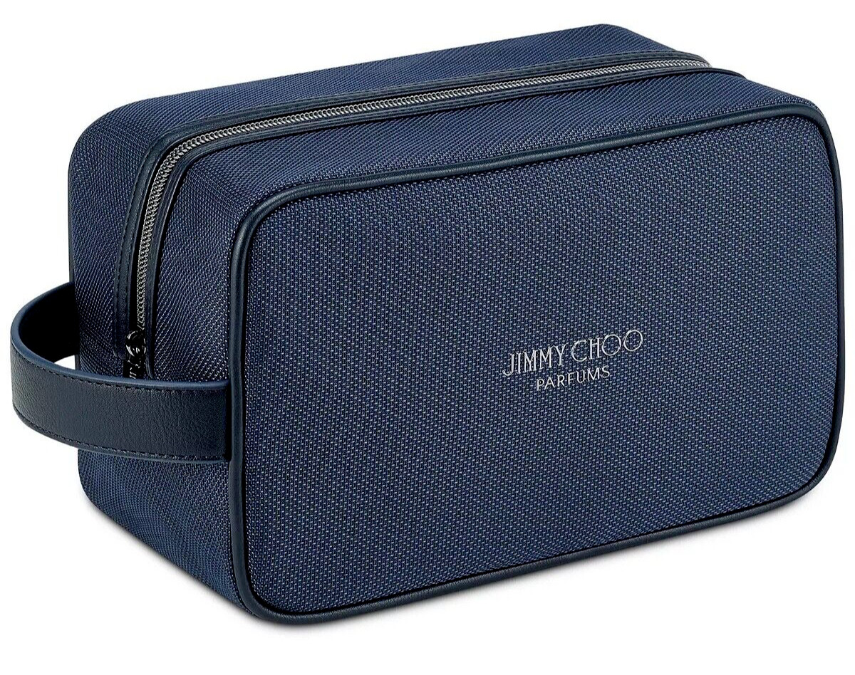 Jimmy Choo Navy Toiletry Shave Pouch Dopp Kit Makeup Bag Faux Leather Trim NWT
