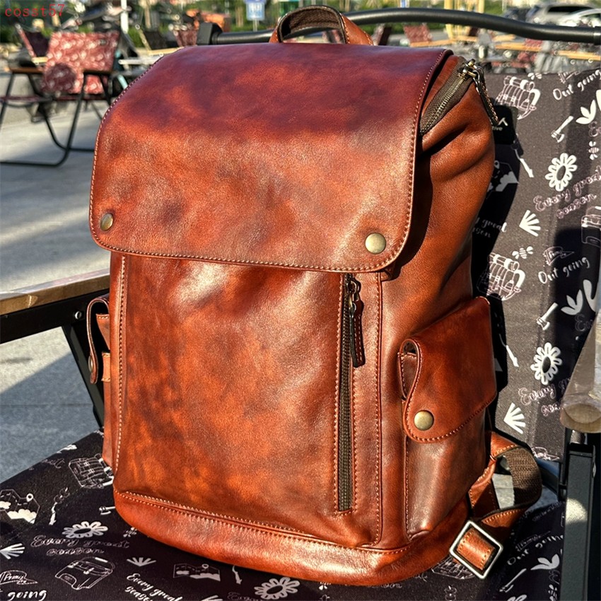 Handmade Really Cow Leather Backpack Vintage Men’s Casual Travel Bag Laptop Bag