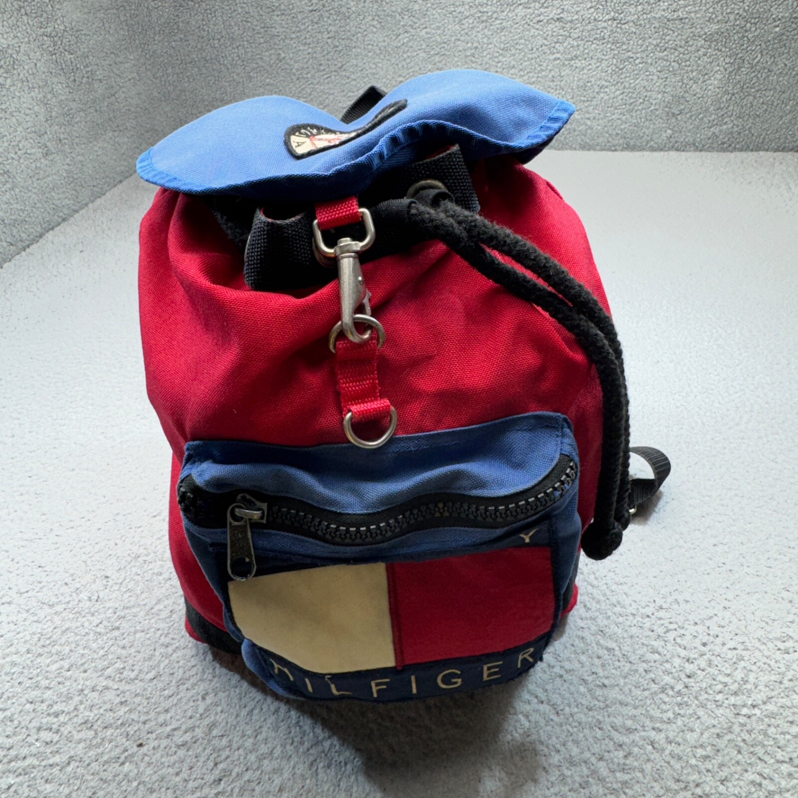 VINTAGE Tommy Hilfiger Backpack Red Blue 90s Alpine Olympics Patch Cinch Canvas