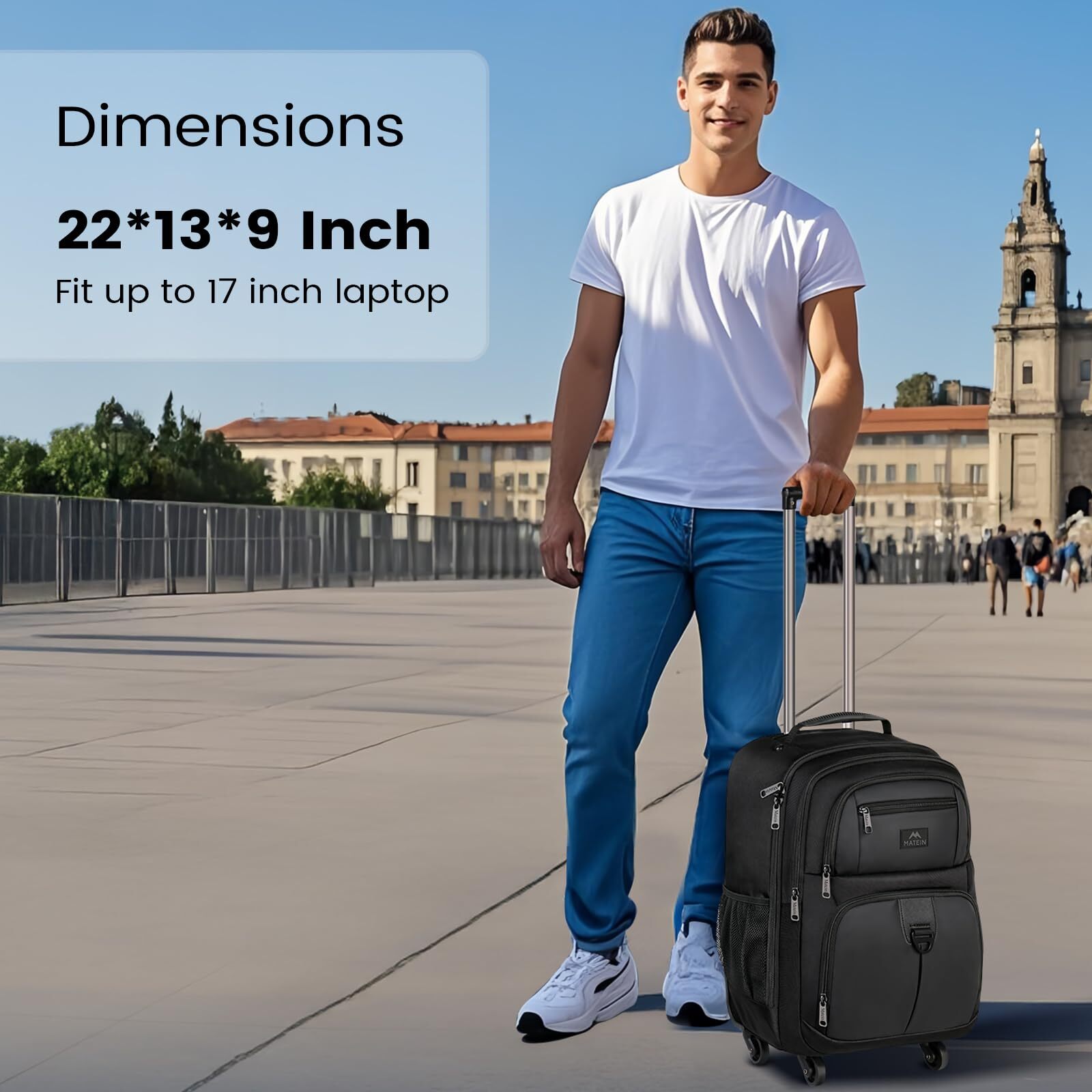 Rolling Backpack for Travel 4 Wheels Laptop Backpack for Women Men Water