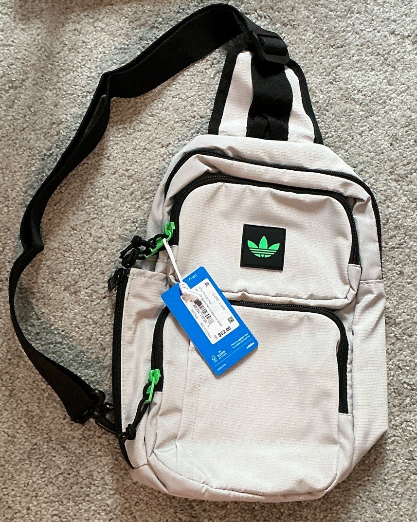 adidas Trefoil Small Crossbody Sling Bag Zip Adjustable Strap Pockets Beige