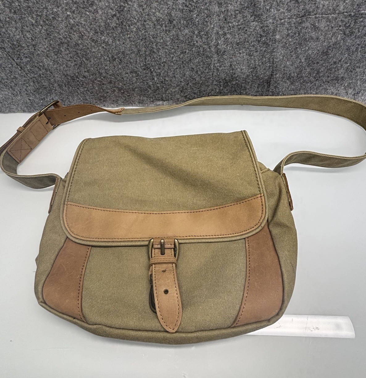 LL Bean VTG Canvas Messenger Flap Field Bag Brown Leather Trim Crossbody