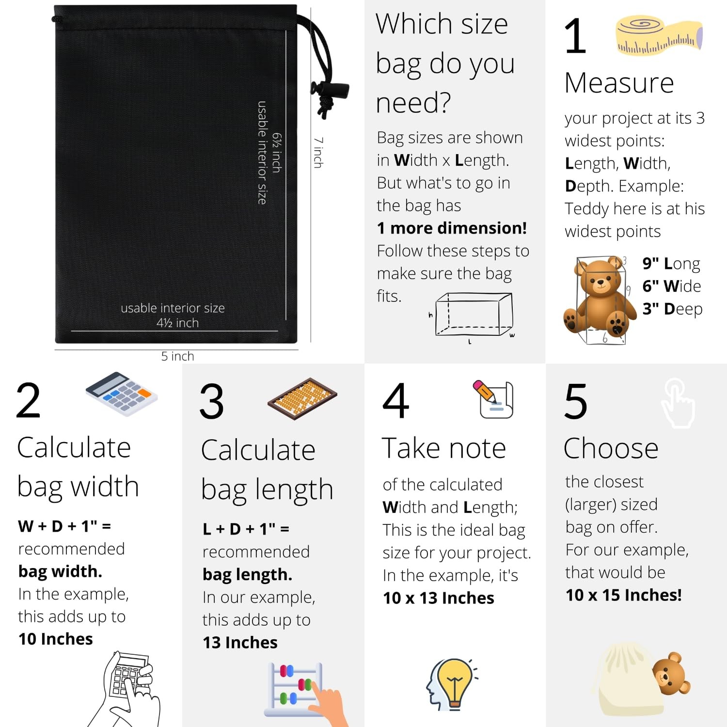 Drawstring Bag Toggle Nylon Cinch Ditty Pouch, Six Pack Black 5×7 Inch Set of 6