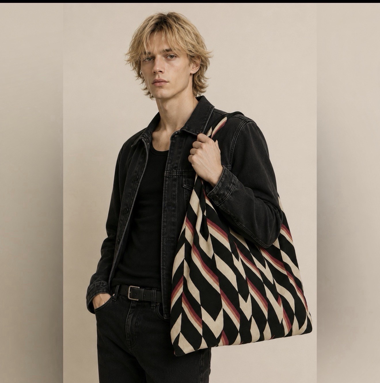 Zara Bag Tote Large Jacquard Tote Chevron Red Black White Never Used $69 Men