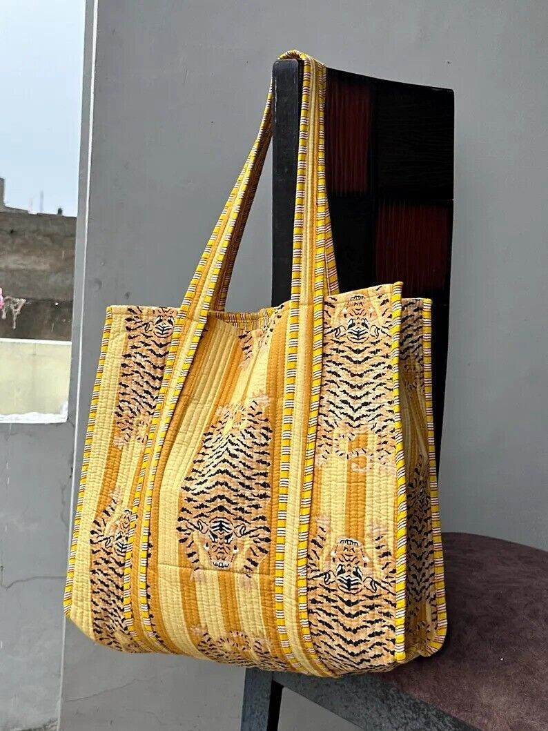 Yellow Tiger Print Quilted Cotton Shoulder Bag Beach Style Women’s Handbag