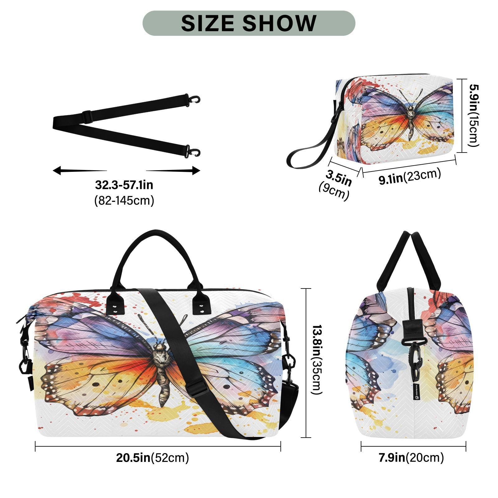 Butterfly Travel Duffle Gym Bag, Butterfly Watercolor Print Weekender for Wom…
