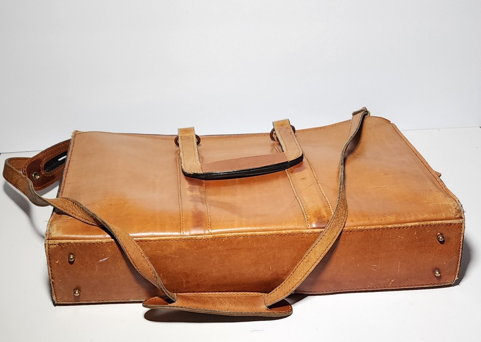 SCHLESINGER Executive Attache Briefcase Tan Brown Cowhide Leather Bag 17x12x3